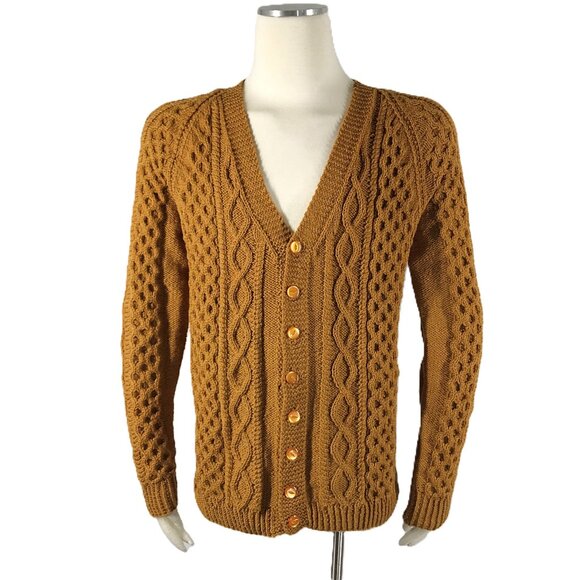 Hand-knit Cardigan Sweater Aran Irish Cable Pumpkin Spice Grandpa Fall - Picture 1 of 7